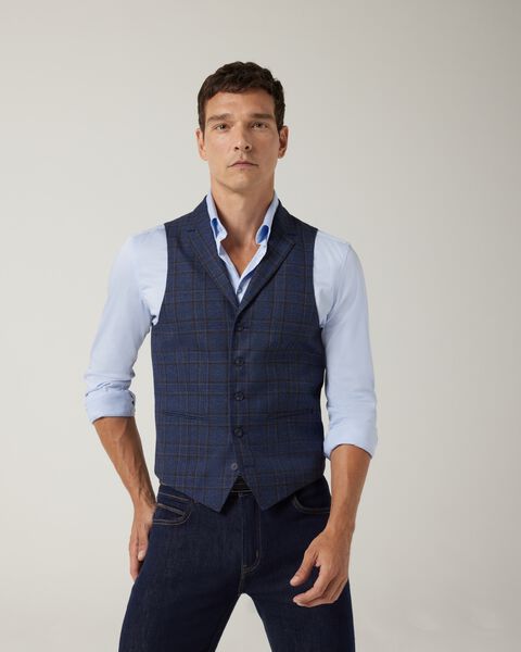 5 button tailored fashion vest with notch lapel, Blue Check, hi-res